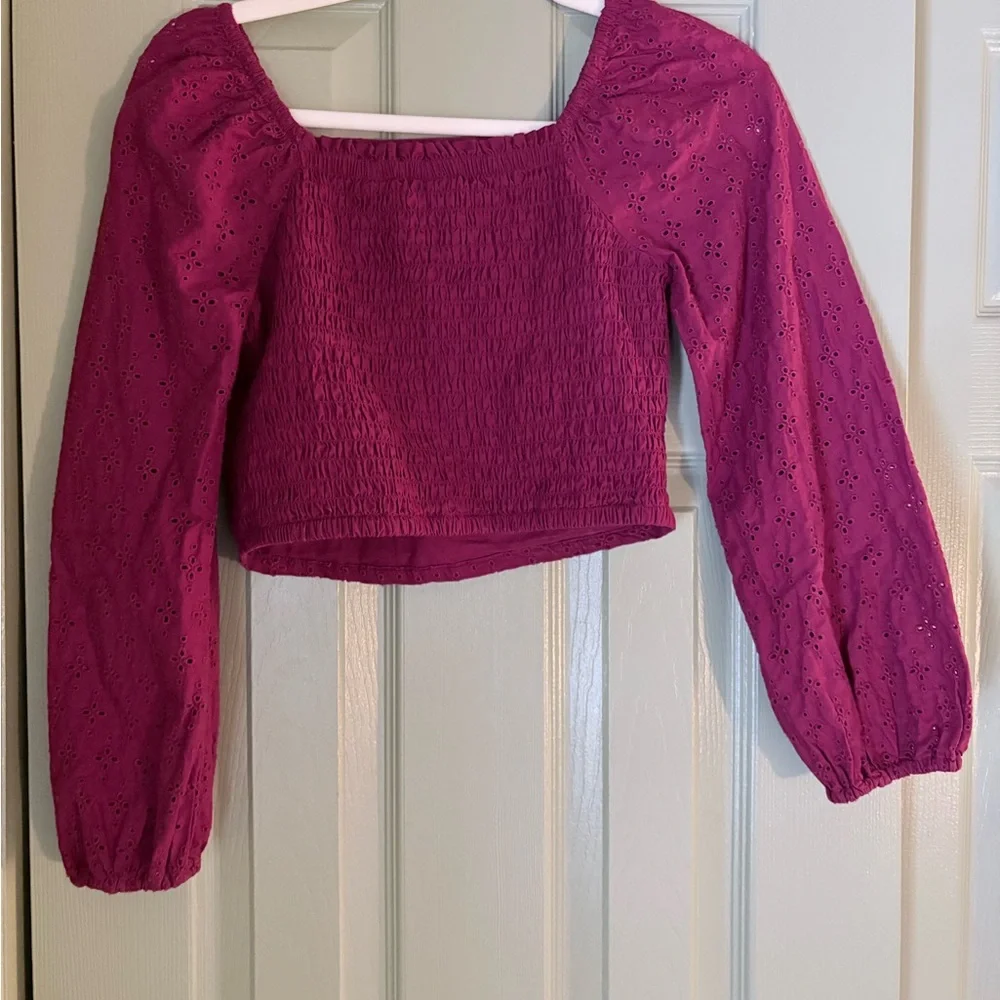 GAP Burgundy Eyelet Long Sleeve Blouse